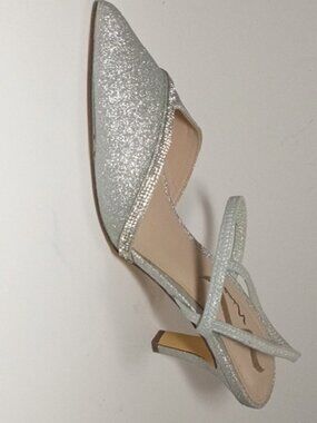 Nina Silver Glitter Pointed Toe Strappy Heels Mid Heel Shoes Size 10M